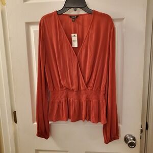 Express sz S Red/Rose Pink faux wrap top long slv blouse NWT casual career basic